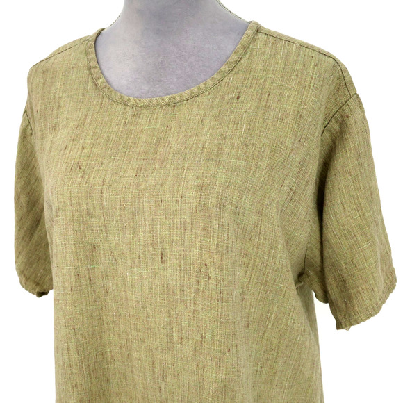 Flax Top Womens Medium Green Gold Linen Tunic Blouse Side Slits Lagenlook - Picture 8 of 12